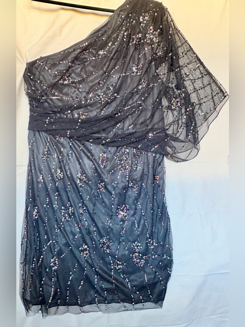 Adrianna Papell Evening One Shoulder Beaded Gown Charcoal Grey Blue Plus 18W